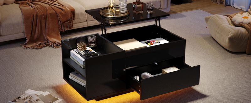 Table basse réglable en hauteur 95 x 48 x 42 cm avec rangement dissimulé, éclairage LED, tiroir et prise de courant - Table d'appoint de salon noire_voghion.com