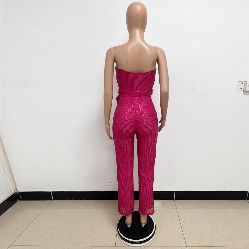Dametøj Ærmeløs pailletterbæltejumpsuit ensfarvet tubetop rygløs jumpsuit_voghion.com