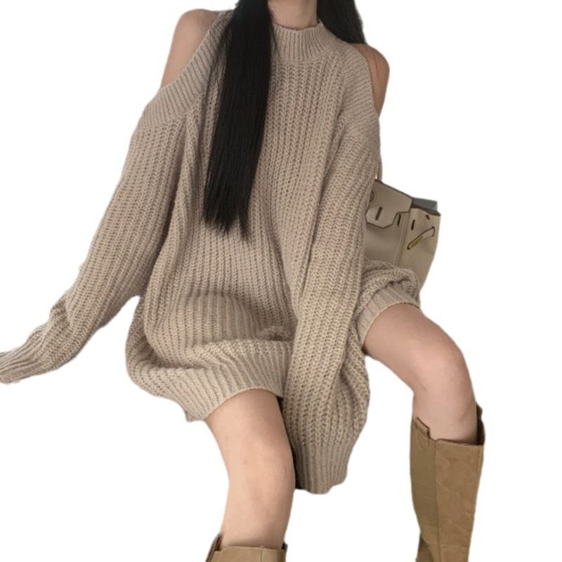 Off-the-shoulder Knitted Sweater Women's Commute Pure Desire Wind Thick Needle Hole Medium And Long Women's Sweater Top Tide_voghion.com