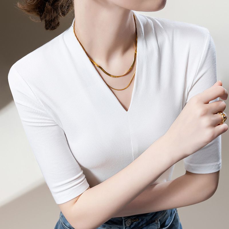 Maglietta da donna a maniche lunghe, a coste, tinta unita, stile europeo, elegante, con scollo a V profondo, modello 2025, con vita stretta_voghion.com