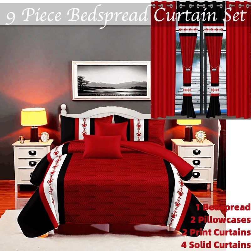 9 Piece Soft All-Season Washed Microfiber Cover Set , Queen/King/Calking Bedding Set With Pillowcases,Bedspread Print Curtains & Solid Curtains,Print, Moisture-Wicking, Soft ,Cooling, Easy Care_voghion.com