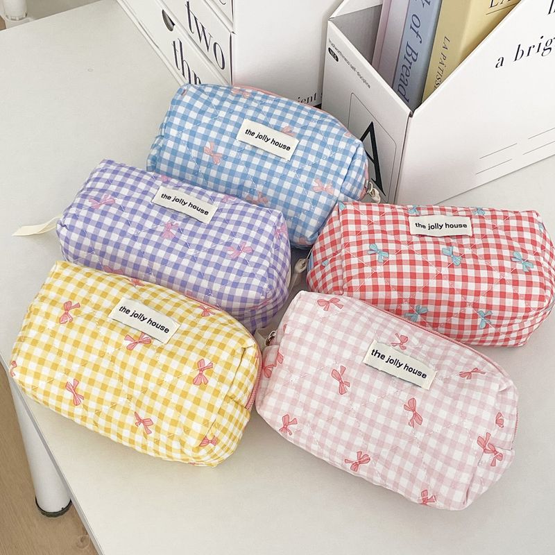 Plaid Bowknot Make-up für Geschäftsreisen und Reisen, tragbare Macaron-Aufbewahrung, hochwertiges, leichtes Steppmuster_voghion.com