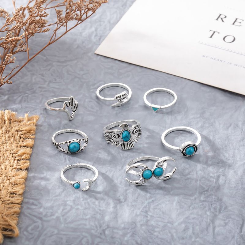 New Turquoise Eagle Cactus Moon Arrow Shaped 8-piece Set Of And Rings_voghion.com