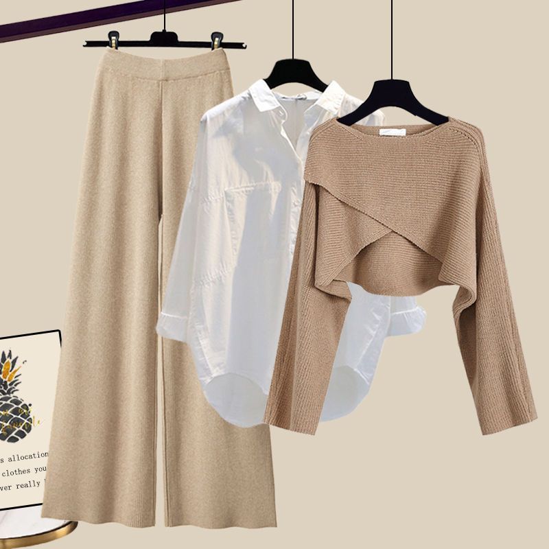 Women’s Clothing Fashion autumn suit women sweater women new large size women's shirt wide leg pants three piece knitted slim_voghion.com