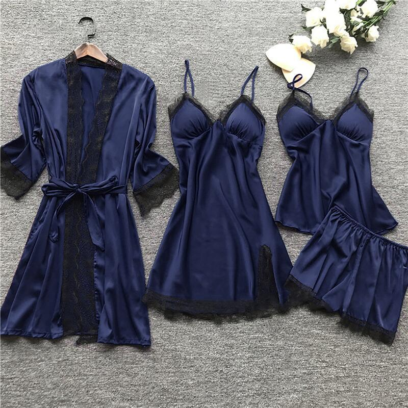Pijama sexy Midnight Glamour, pijama sexy, conjunto de cuatro piezas, tirantes para mujer con almohadillas para el pecho_voghion.com