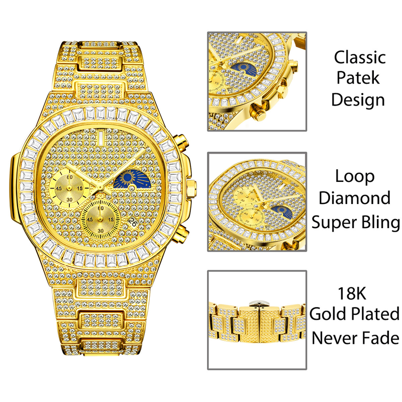 Orologio da uomo al quarzo multifunzione per il tempo libero, di alta qualità, alla moda, stile Hip Hop, con diamanti pieni._voghion.com