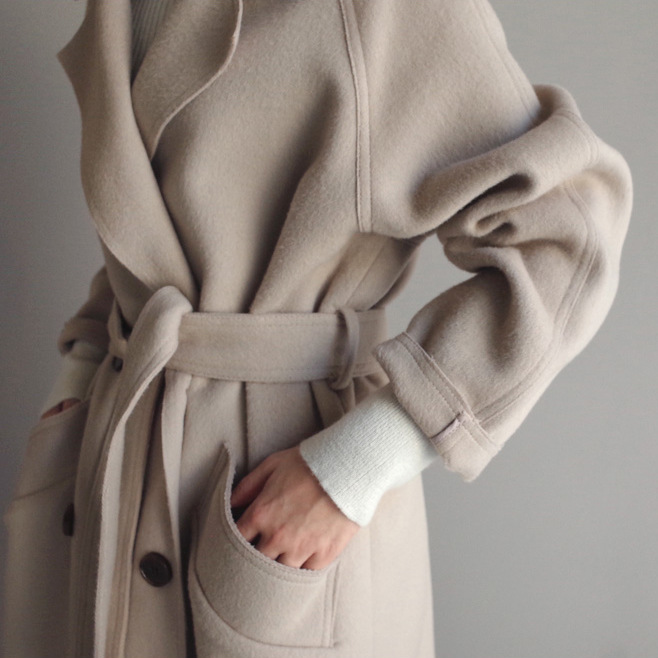Women's Clothing Winter Mid-Length Waist Slimming Lapel Lace Woolen Coat_voghion.com