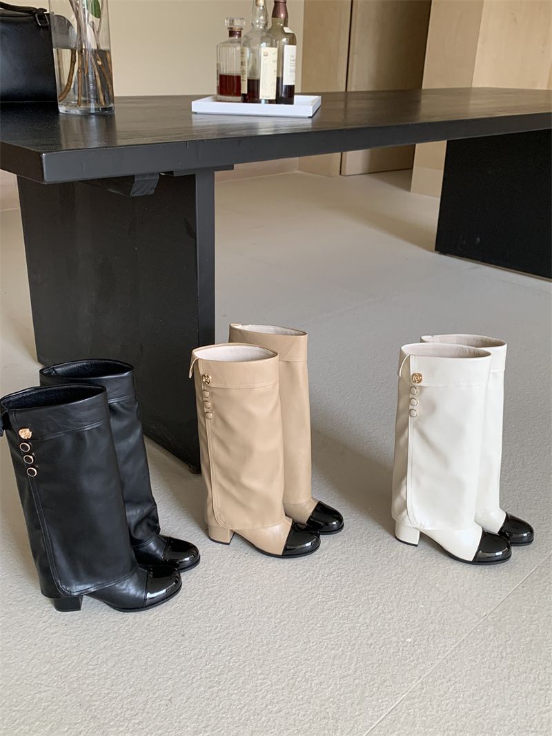 Women's Chunky Heel Round Toe Knee High Riding Boots In Black, White & Beige - Classic Style Slip-On Boots For All Seasons Khaki Long Boots_voghion.com