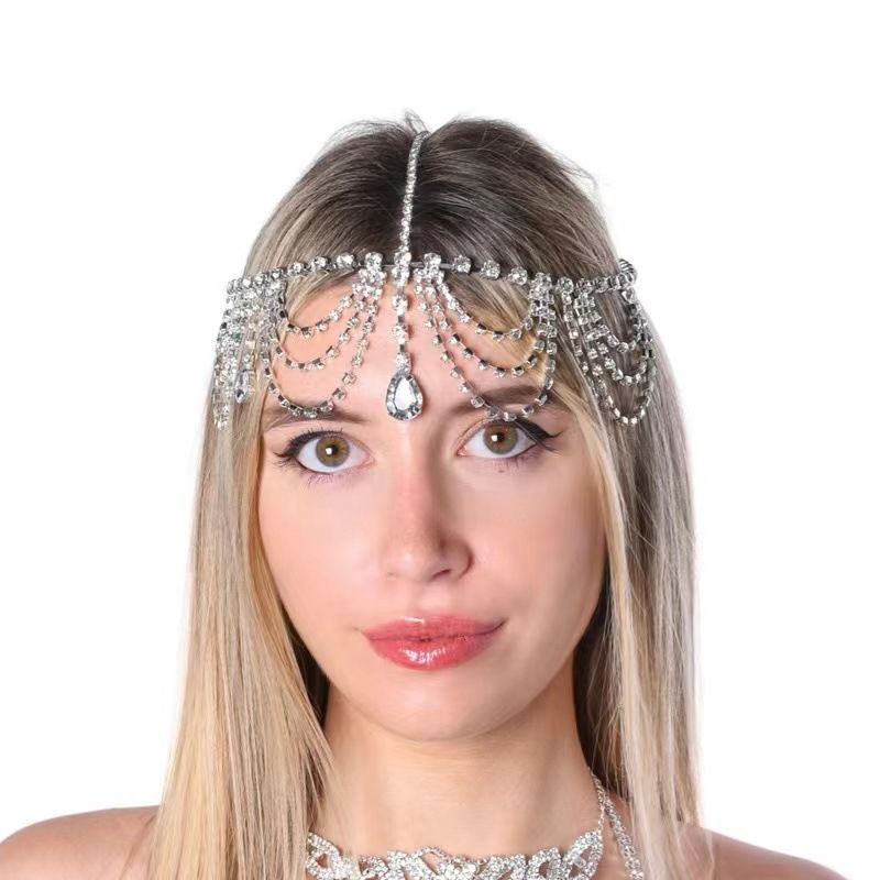 Diadema con cadena para la frente, estilo nupcial, con borlas de diamantes exagerados y gotas de agua_voghion.com