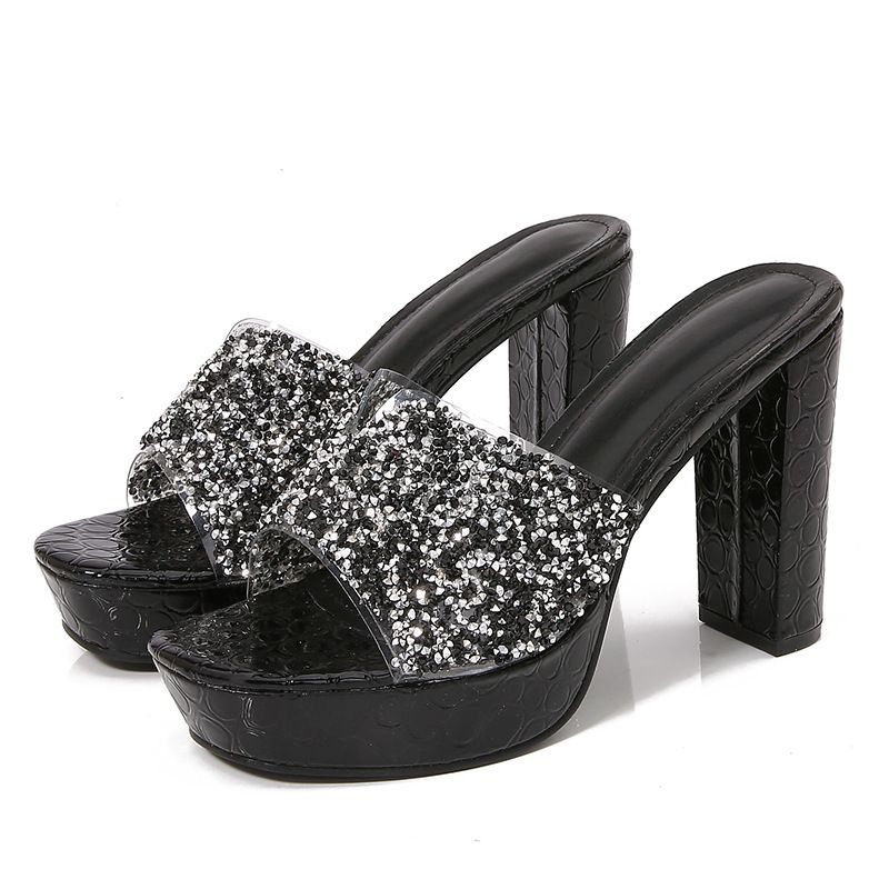 2025 Ladies Bohemian New Fashionable Rhinestone Slippers Korean Version Thick Soled High-heeled Women's Shoes_voghion.com