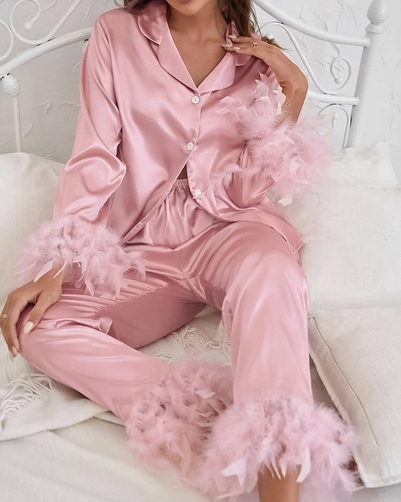 Women's Sleepwears Ice Silk Pajamas Fashion Ostrich Feather Shirt Trousers Loose Two piece Feather Home Clothes Women_voghion.com