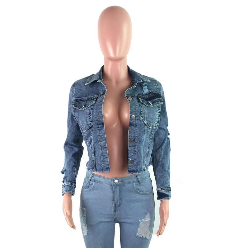 Damenmode-Persönlichkeit, zerrissene Fransen, kurze Vintage-Langarmjacke, Jeansjacke_voghion.com