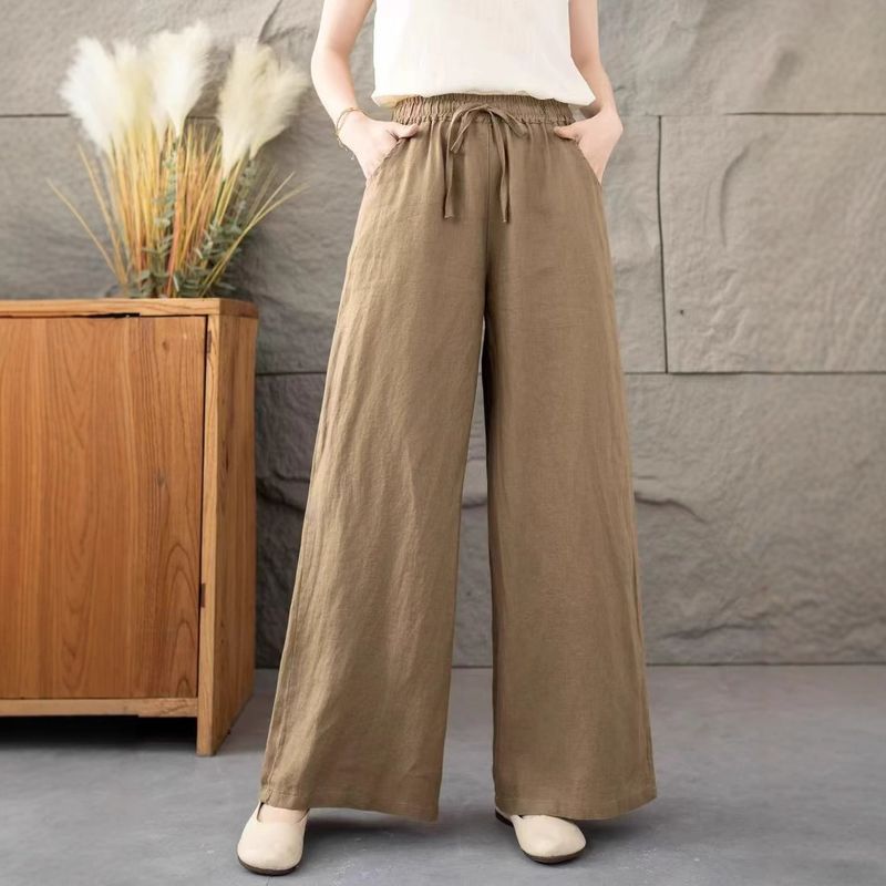 Suitable For All Seasons Zen Elastic Waist Drawstring Tie Linen Casual Loose Slimming Versatile Wide-leg Long Pants For Women_voghion.com