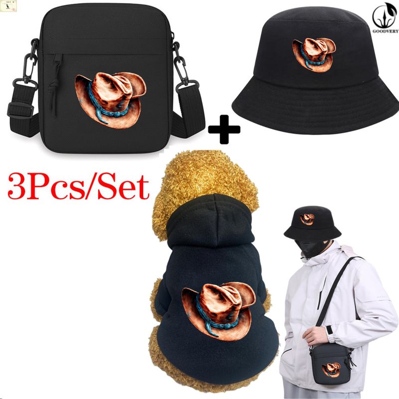 Animal Kangaroo3Pcs/Set Cowboy Hat Print Bag Hat Set Pet Apparel Three-Piece Combo Winter Comfort Pet Clothing Stylish Ideal For Outdoor Pet Travel_voghion.com