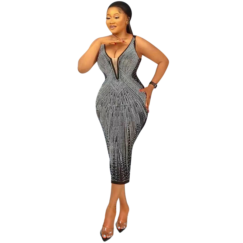 Abbigliamento da donna bretelle alla moda abito sexy con diamanti caldi con scollo a V attillato per le donne_voghion.com