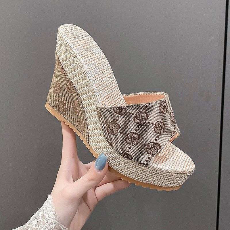 Pantofi de damă Sandale noi cu toc cu pană pentru femei Papuci cu talpă groasă cu floare de prun cu o linie pentru femei Papuci cu pană pentru femei_voghion.com