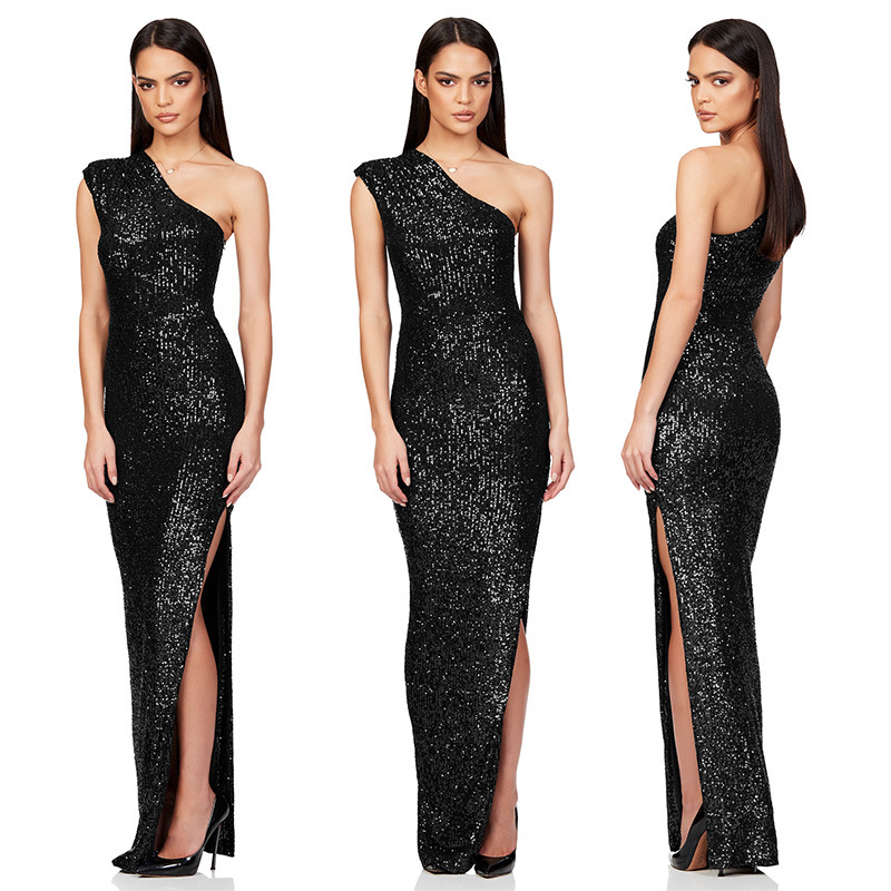 INS Sleeveless One-Shoulder Slit Sequined Long Skirt Temperament Dress Women's_voghion.com