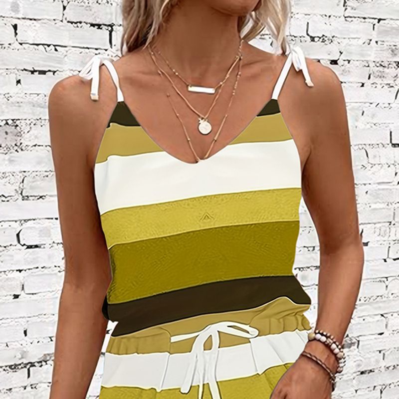 2025 Sommer Damen Hosenträger Kordelzug Lose Farbe Gestreiften Weste Kleid_voghion.com