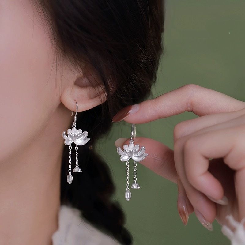 S999 Pure Silver Chinese-Style Lotus Hook Tassel Drop Earrings - Women’s "Two Lives Love" Inspired National Trend Jewelry, Ideal Gift_voghion.com
