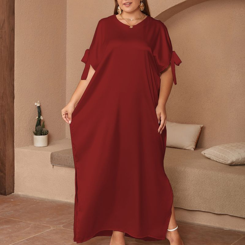 Elegantes Abaya-Kleid im Nahen Osten in Übergröße für Damen mit Fliege und Seitenschlitz – fließendes Maxikleid in Weiß, Dunkelgrün, Tiefrot, Schwarz (0XL–2XL)_voghion.com