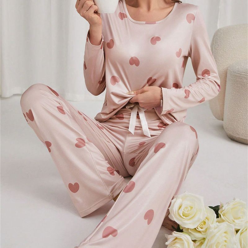 Kadınlar İçin Pijama, Sevimli Kalp Desenli, Uzun Kollu Pantolon Ev Giyim Takımı_voghion.com
