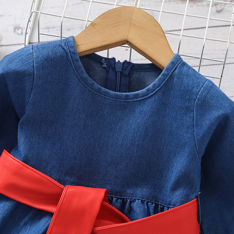 Otroška oblačila Dekliška jeans obleka z dolgimi rokavi, krilo A-kroja + pas_voghion.com