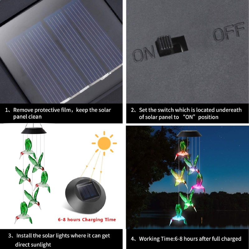 Nuovo carillon solare a LED per esterni con luce nera e uccello verde, regalo di Natale_voghion.com