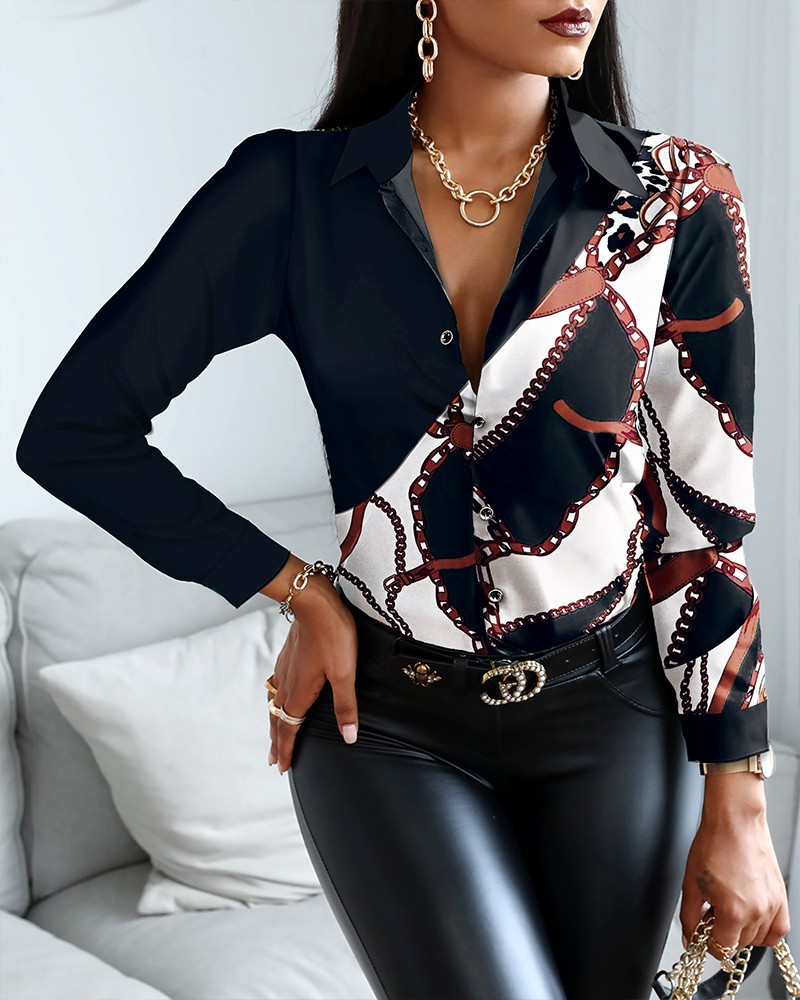 Camicie e top da donna in stile retrò color block a maniche lunghe con scollo a V autunno e inverno_voghion.com