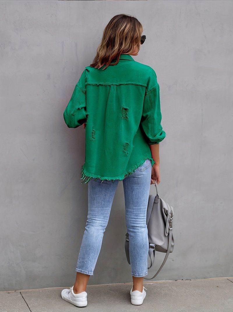 Giacca in denim effetto consumato, camicia oversize a maniche lunghe da donna, stile casual streetwear, cappotto vintage in 16 colori_voghion.com