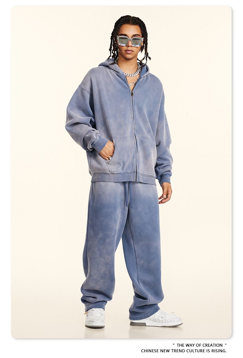 Conjunto de sudadera polar con capucha y cremallera para hombre y pantalón casual recto: conjunto de dos piezas para ropa urbana de invierno._voghion.com