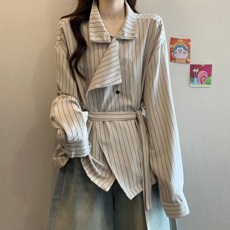 Irregular Long Sleeve Striped Turtleneck Shirt For Women, Autumn And Winter, Plus Size, Designed To Slim_voghion.com