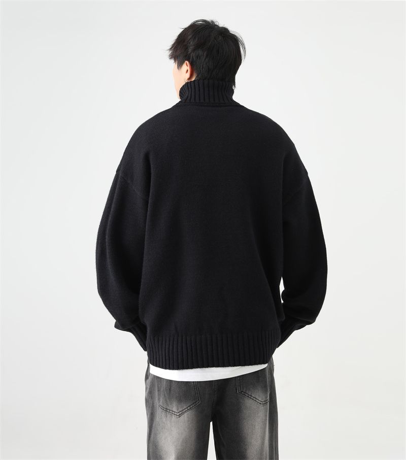 QOTRIOCK Turtleneck For Men Winter Loose Solid Color Fleece Lined Thickened Warm Couple Knitted Base Shirt Sweater_voghion.com