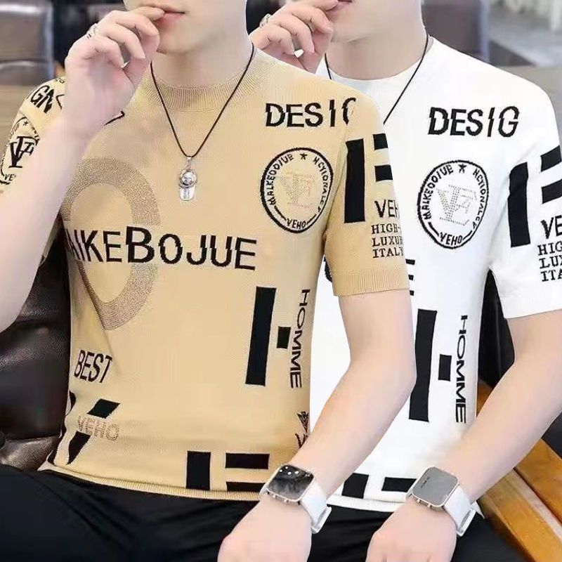 Men's Summer 2023 New Ice Silk Short-sleeved T-shirt Fashionable Brand Fashionable Half-sleeved T-shirt Loose Round Neck Top Clothes for Men_voghion.com