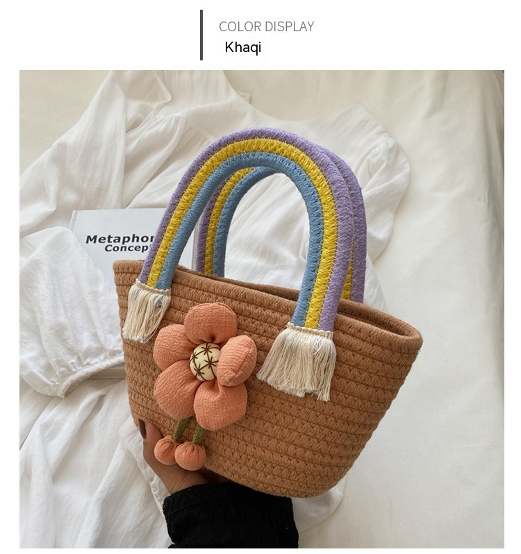 Borsa da studente in corda di cotone arcobaleno intrecciata Borsa da studente carina e versatile Borsa a fiori rifinita da donna Borsa da spiaggia per le vacanze al mare_voghion.com