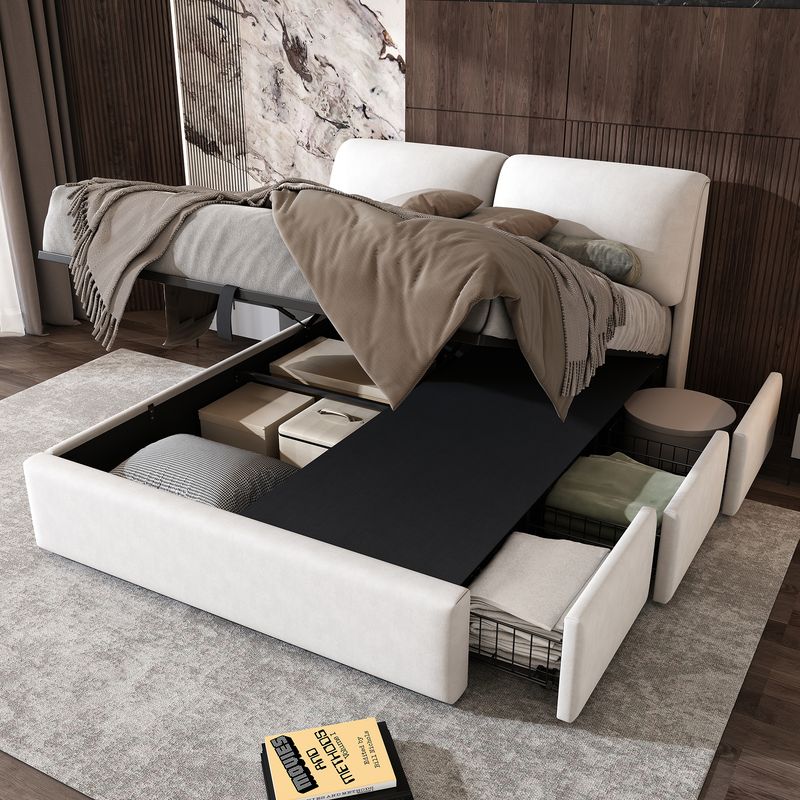 Lit coffre hydraulique 140 x 200 cm, 3 tiroirs, cadre de lit capitonné en velours beige avec sommier à lattes et tête de lit, matelas non inclus._voghion.com