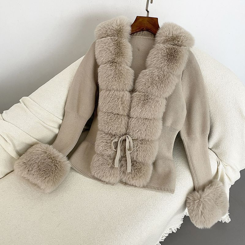 Damenbekleidung Herbst und Winter Strickpullover Pelz Knopfleiste Manschetten Abnehmbarer Strickpullover_voghion.com