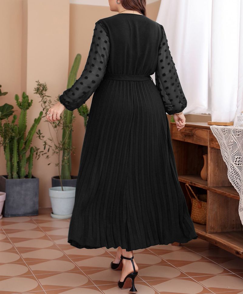 Elegant Mesh Panel Maxi Dress For Women V-Neck Long Sleeve Plus Size Dress (0XL-4XL) | Breathable Polyester A-Line Dress For Work & Evening_voghion.com