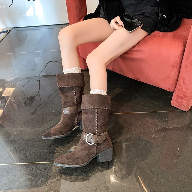 2025 Outono Inverno Novas Mulheres Fivela de Cinto Longo Dobrado Cavaleiro Moda Moda Desleixada Botas Da Moda_voghion.com