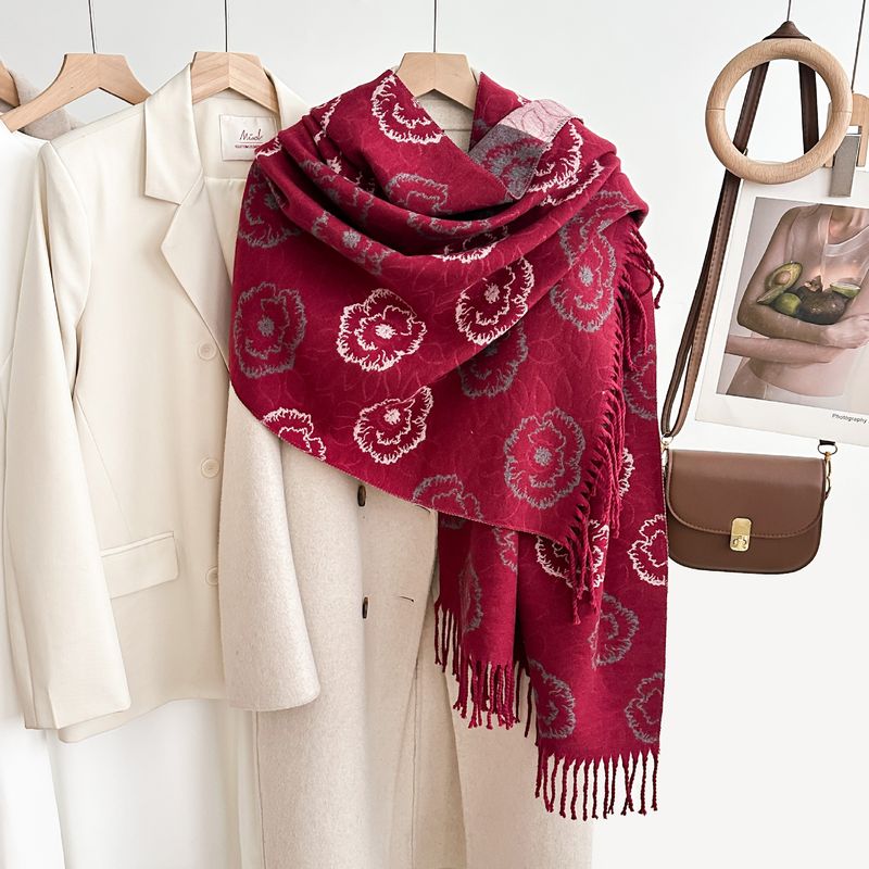 Elegant Camellia Fringe Shawl Scarf - Winter Warm Double-Layered Wrap With Stylish Floral Design, Soft & Cozy For Women_voghion.com