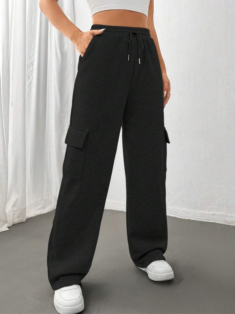 Pantalones cargo para mujer, estilo jogger, cintura alta, cordón ajustable, pierna ancha, informales, con múltiples bolsillos, estilo urbano, negro/beige/gris claro._voghion.com