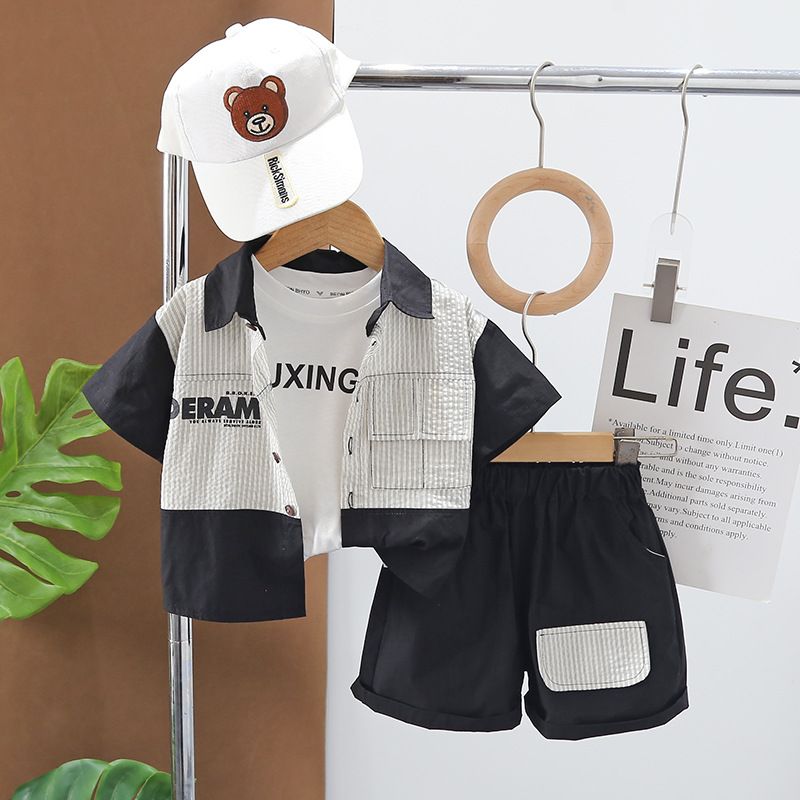 Camisa colorida de verão 2024 para meninos, manga curta, shorts casuais para bebês, conjunto de três peças da moda_voghion.com