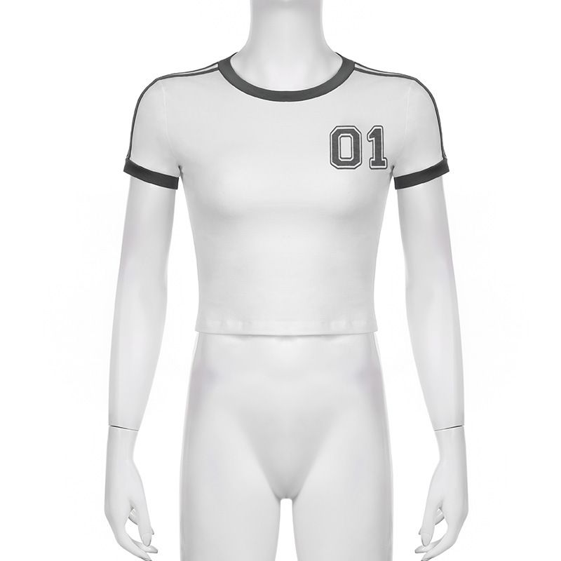 T-shirt da donna in stile retrò americano, vestibilità slim, girocollo, manica lunga, stampa a righe – Tessuto in maglia confortevole con design a blocchi di colore_voghion.com
