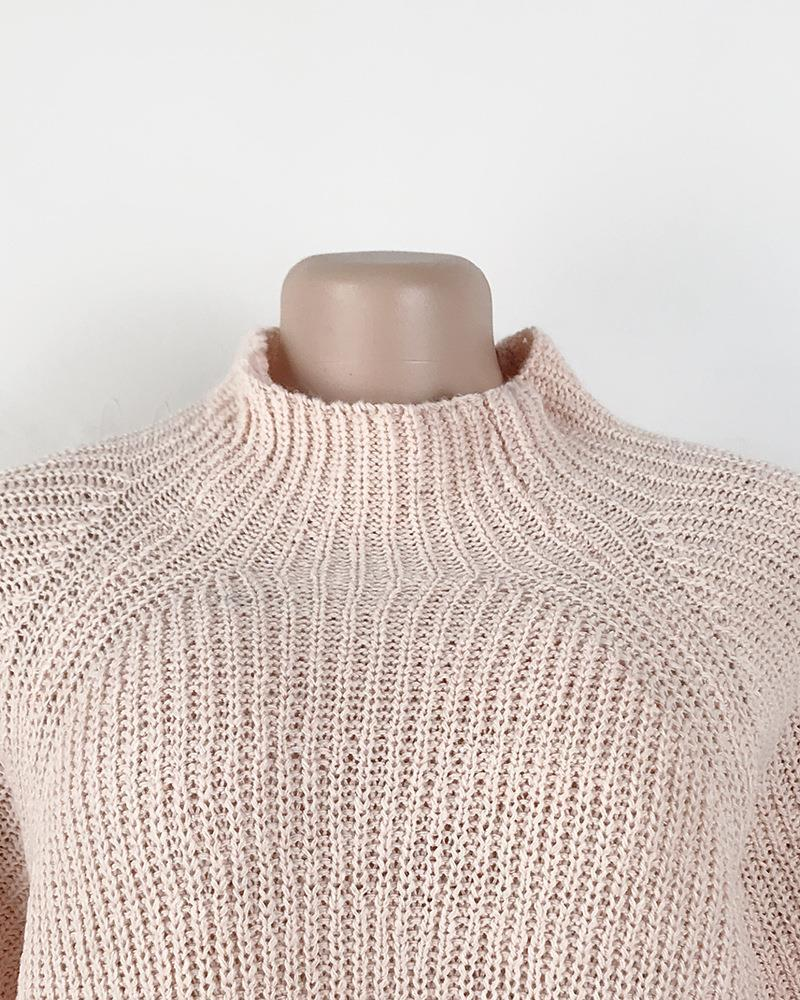 Knitted Sweater Mid-Length Raglan Sleeve Half Turtleneck Sweater Dress_voghion.com