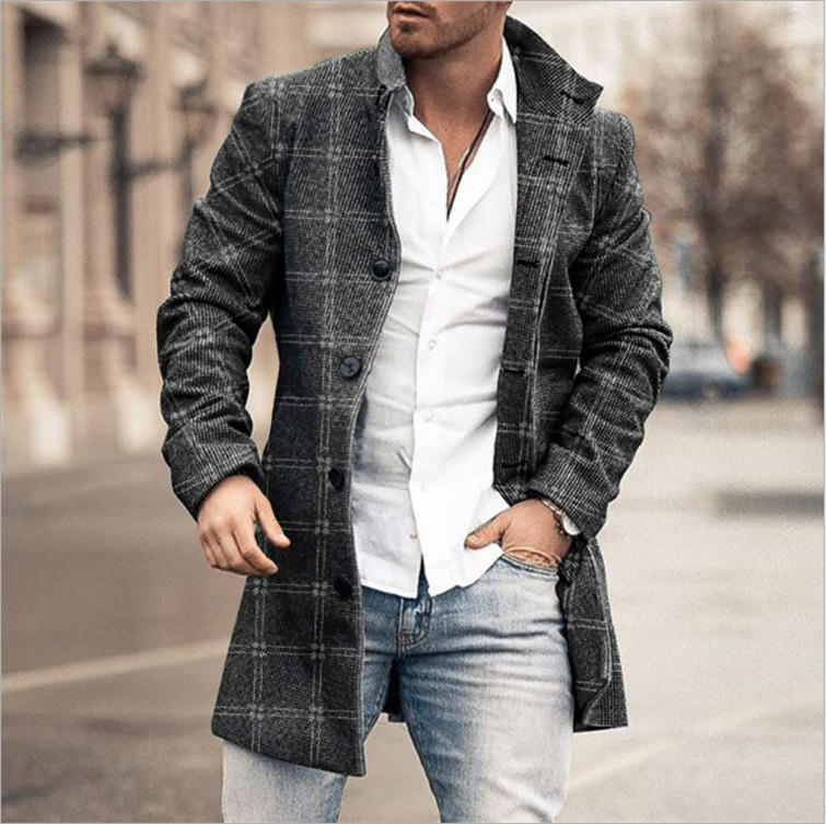 Herbst und Winter neuer Woll-Stehkragen für Herren, mittellanger, lässiger Wollmantel mit Taschen_voghion.com