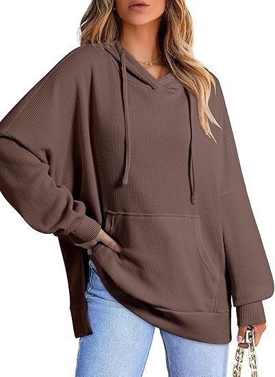 2025 Autumn Winter Women's Hoodie Waffle Knit Side Split Pullover Sweatshirt With Pocket Long Sleeve_voghion.com