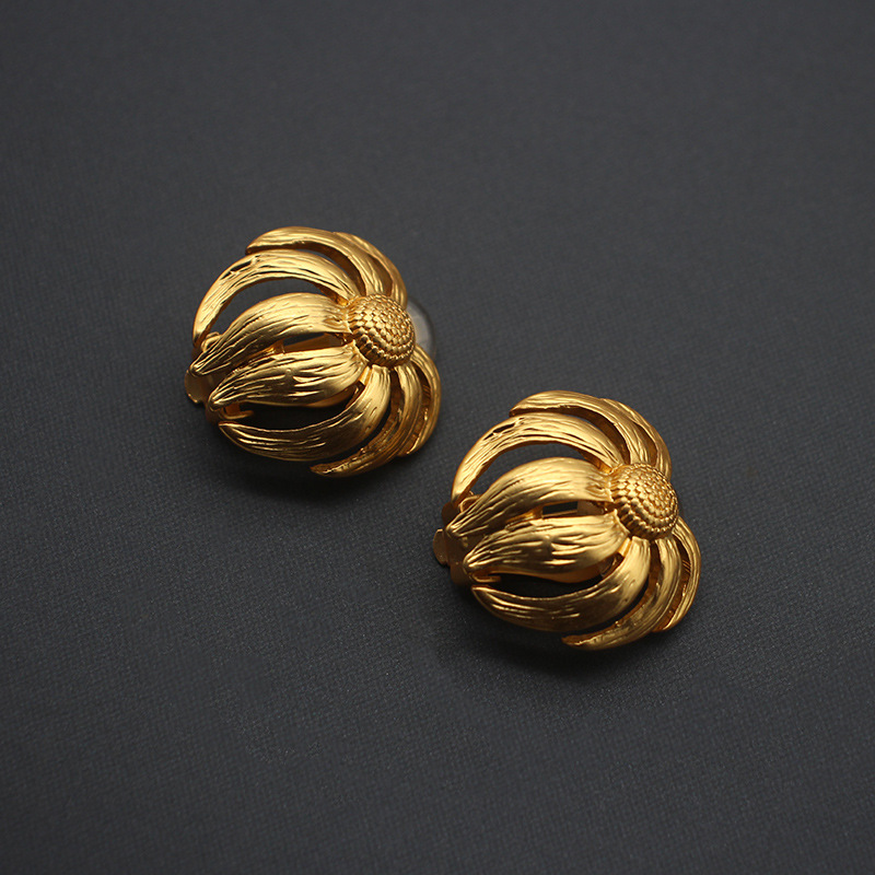 Women's Earrings plain gold retro early elegant M small middle-aged unmarked ear clip earrings real gold electroplating smart flower decoration_voghion.com