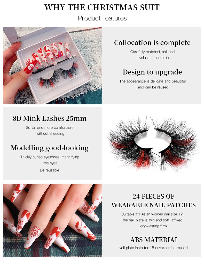 Christmas Festival Mink Hair False Eyelashes & Press-On Nails Set, Euro-American Colored Eye Lashes_voghion.com