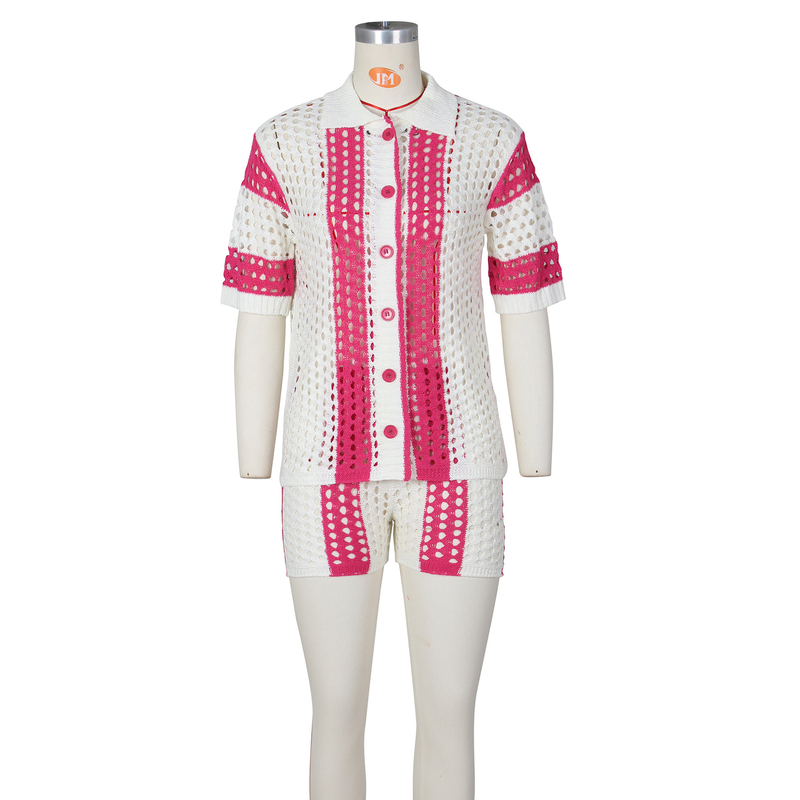 Set di pantaloncini in maglia con risvolto trasparente scavati da donna sexy per abbigliamento da donna_voghion.com