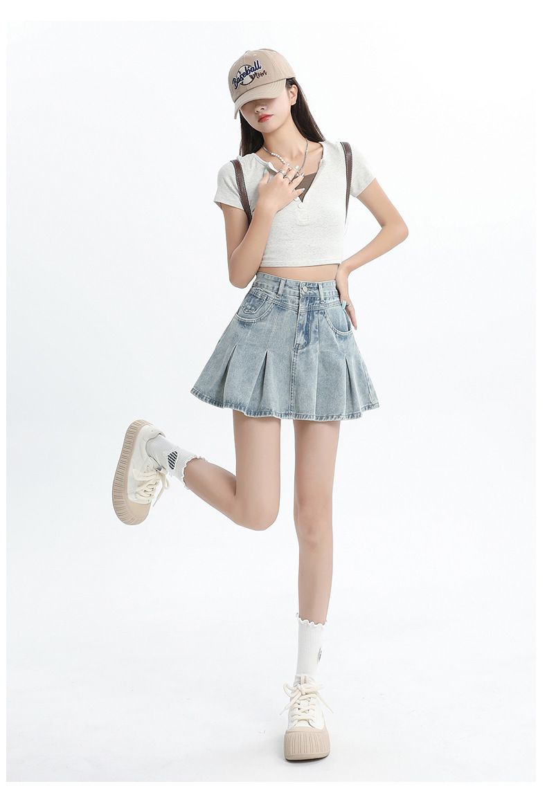Exclusief ontworpen denim rok - dames hoge taille geplooide A-lijn rok met veiligheidsbroekje, slanke pasvorm_voghion.com