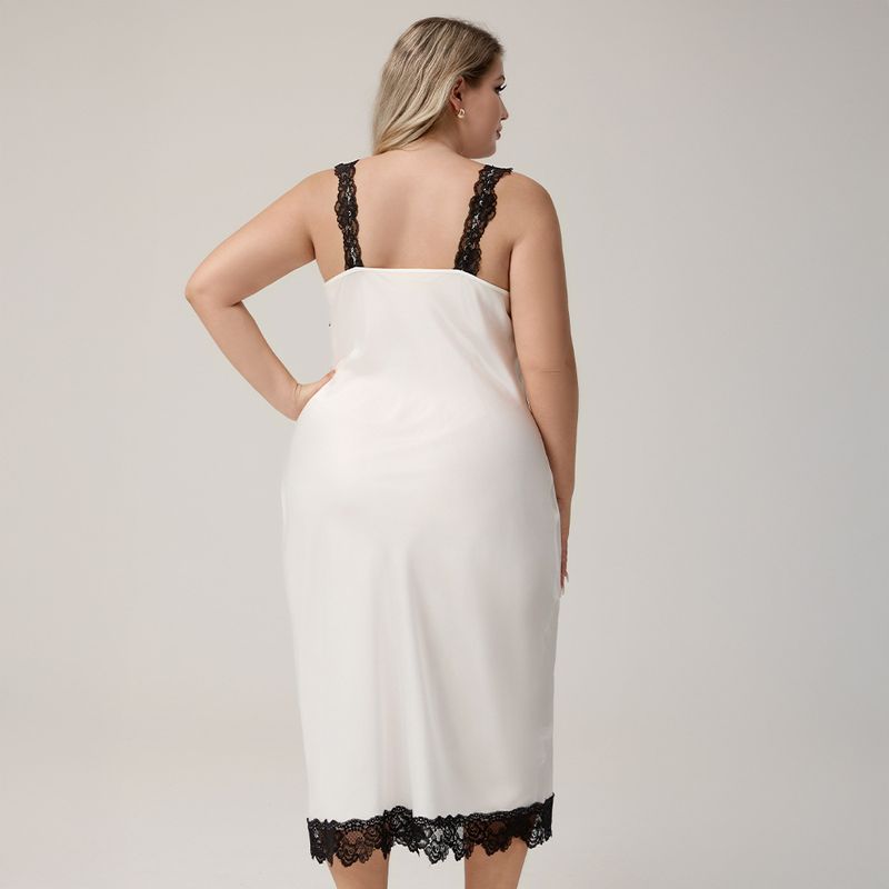 Large Size Satin Suspender Pajamas Women's Lace Sexy Split Pajamas Long Loungewear_voghion.com